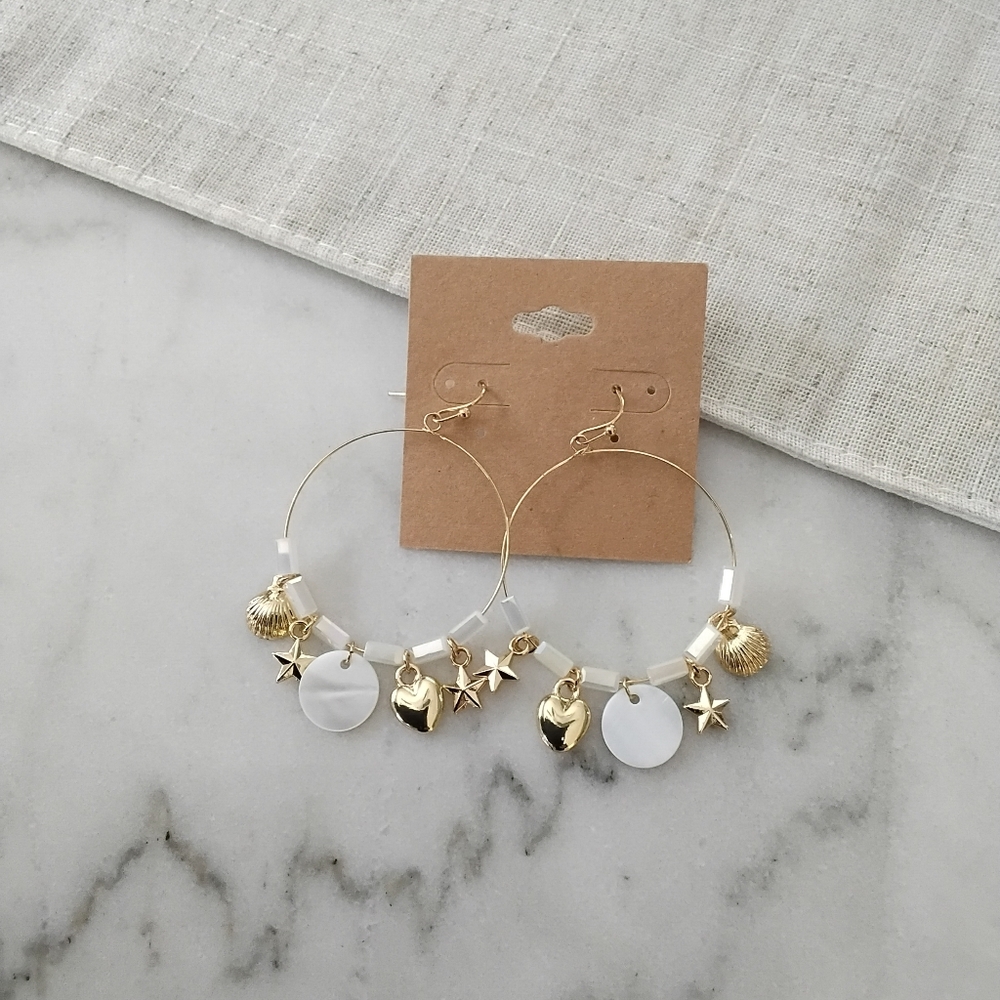 Gold and Abalone Hoop Earrings with Charms.  NWT